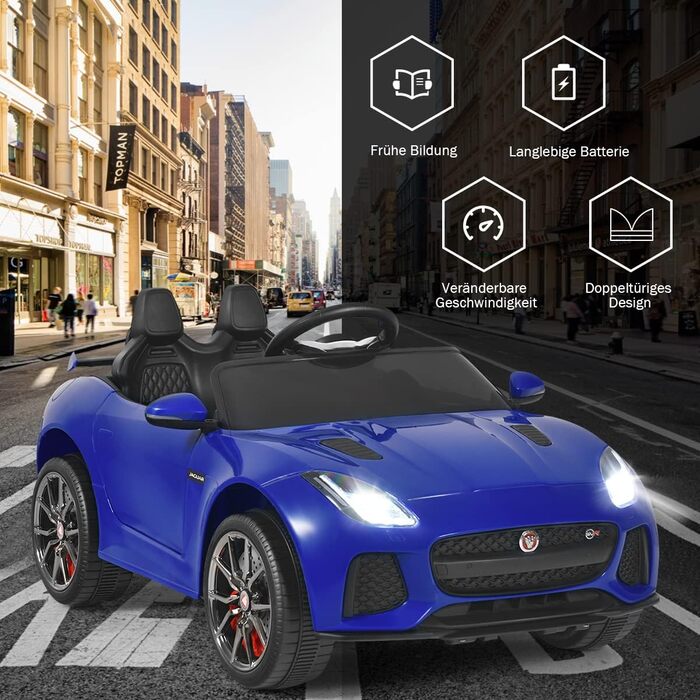 Електромобіль для дітей COSTWAY Jaguar, 12V, з музикою, історіями, сигналом та фарами, з дистанційним керуванням, швидкість 3-5 км/год, для дітей від 3 років, синій