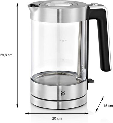 Електричний чайник WMF Lono зі скла, 1,7 л, з фільтром від накипу, бездротовий, 3000 Вт, матова нержавіюча сталь