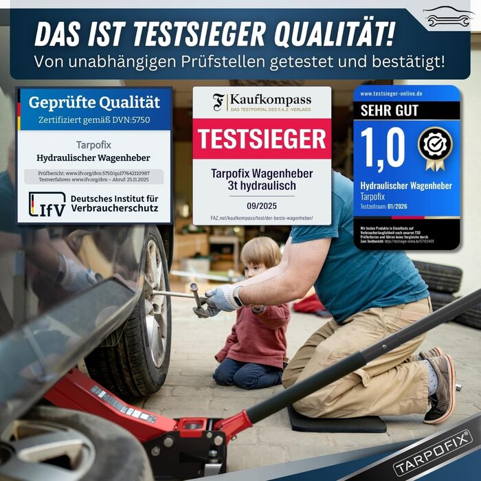 Гідравлічний домкрат Tarpofix® для легкових авто та SUV (3т, 85-475мм), низькопрофільний, подвійний циліндр, червоний