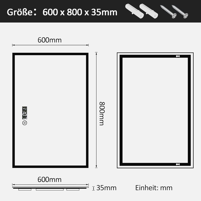 Дзеркало для ванної кімнати Boromal з підсвічуванням та годинником 50x70 см, LED, 3 кольори, регулювання яскравості, сенсорне керування