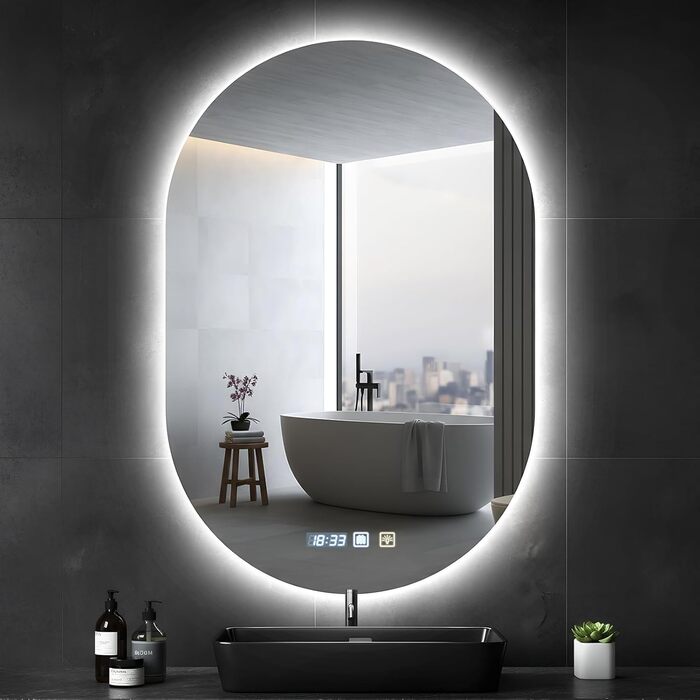 Дзеркало LED Bellanny з підсвічуванням 60см | Настінне дзеркало для ванної кімнати, косметичне дзеркало | Дзеркало для макіяжу з сенсорним вимикачем, 3 кольори світла, регулювання яскравості, антизапарювання, IP44, горизонтальне/вертикальне (прямокутне - 