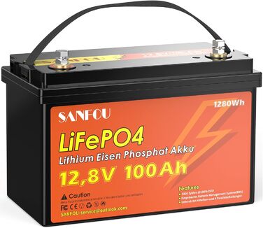 Акумулятор SANFOU 12,8 В 100 Ач LiFePO4, літієва батарея 1280 Втгод з BMS 100 А, 5000-15000 циклів, 4S4P, для автофургону