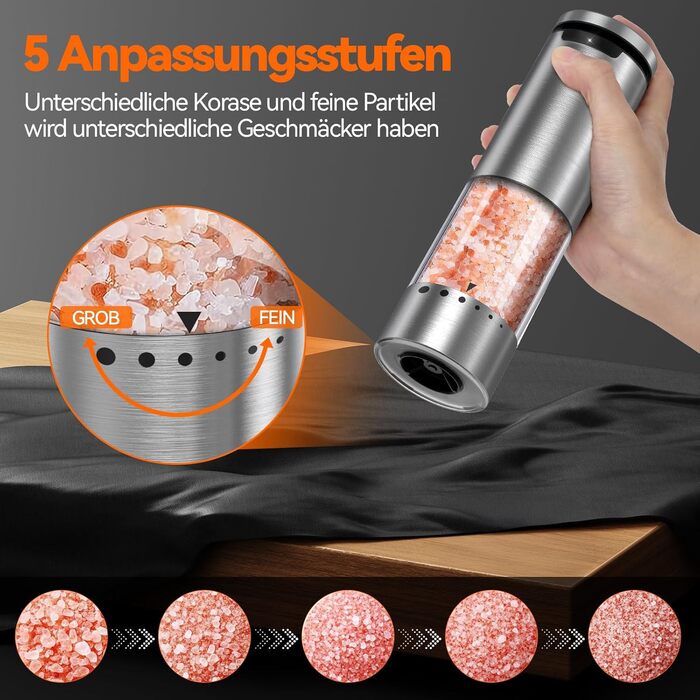 Електричні воксайон (VOXON) набори для солі та перцю (2 шт.) з USB-зарядкою, велика ємність, регулювання помелу, керамічний млин, LED-підсвітка, для барбекю, ресторану, кухні, сріблясті