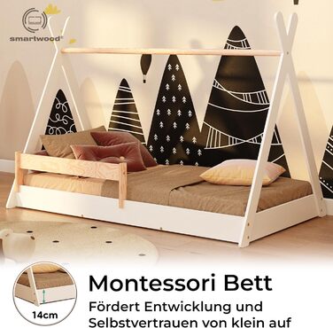 Дерев'яне ліжко-дитяча кімната Smartwood Hausbett: Монтессорі Тіпі з сосни з сертифікатом FSC, захист від падіння та ламелі до 230 кг, для хлопчиків та дівчаток, проста збірка (70x140, білий)