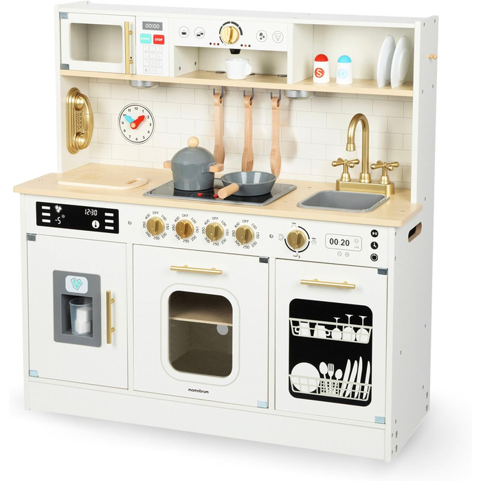 Дерев'яна дитяча кухня Mamabrum з LED-підсвічуванням - ігровий набір кухонь з регульованою висотою, з приготуванням кубиків льоду, мікрохвильовою піччю, плитою та посудомийною машиною. Іграшка для дітей від 3 років
