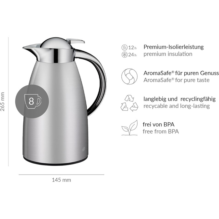 alfi SIGNO 1.0л термокружка з нержавіючої сталі, сатиновий срібло, з термоізоляцією та скляною колбою, з кришкою-поворотом та зручною кнопкою, ергономічна ручка, для однієї руки, ідеальна як для кави, так і для чаю