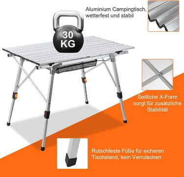 Кемпінговий стіл Fiqops Розкладний стіл регулюється по висоті, кемпінговий стіл складний, кемпінговий стіл з рулонною стільницею та сумкою для перенесення, алюмінієва рама, вантажопідйомність до 30 кг для банкету (срібло)