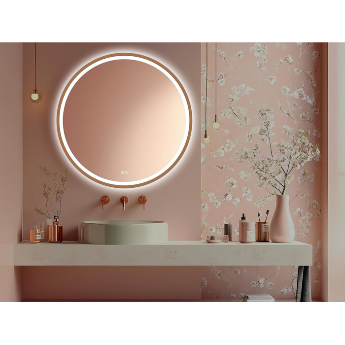 LED дзеркало для ванної кімнати Home Glow круглої форми 80 см з підсвічуванням, антизапарюванням, сенсорним вимикачем та металевим каркасом (червоне золото)