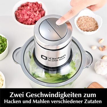 Електричний кухонний подрібнювач Zerkleinerer Küche 400W з 2 чашами (2L+2L) та подвійними лезами з нержавіючої сталі. Подрібнювач для м'яса, овочів, цибулі, фруктів. Срібний колір.