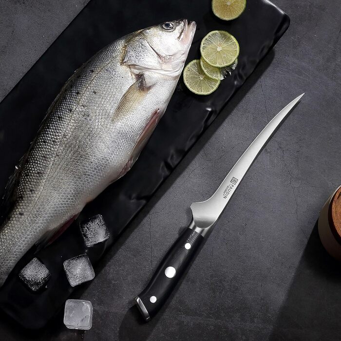 Набір кухонних ножів Paudin 7 предметів з дерев'яним блоком, професійний набір ножів для кухні, з високоякісним лезом та ABS ручками (рибний ніж)