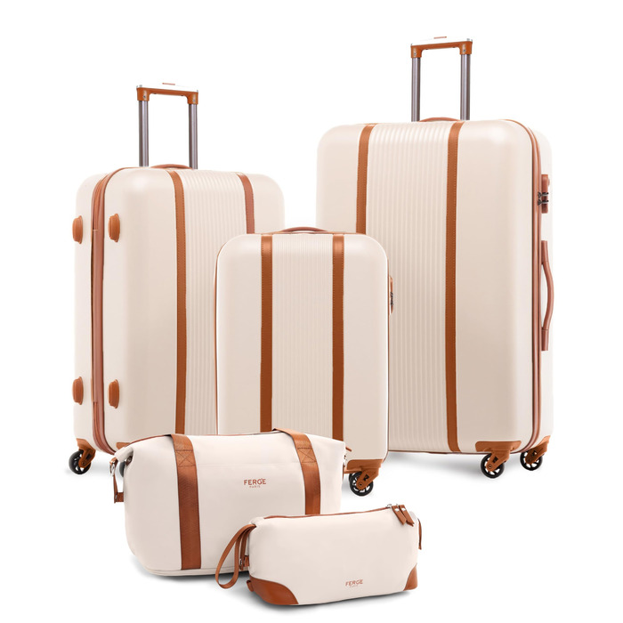Набір валіз FERGÉ Milano 5-ти частинний (3 розміри) + сумочка для косметики + сумка для подорожей - чорний/бежево-коричневий