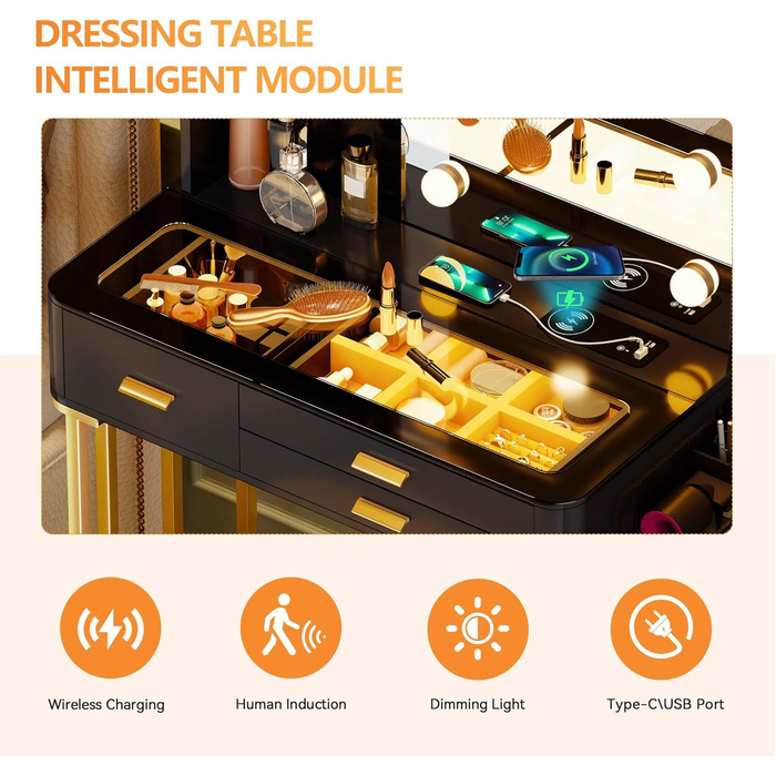 Трюмо Lvifur з дзеркалом у стилі Голлівуд, 10 регульованих лампочок, пуф, ящик, станція зарядки, USB-порт, чорний колір