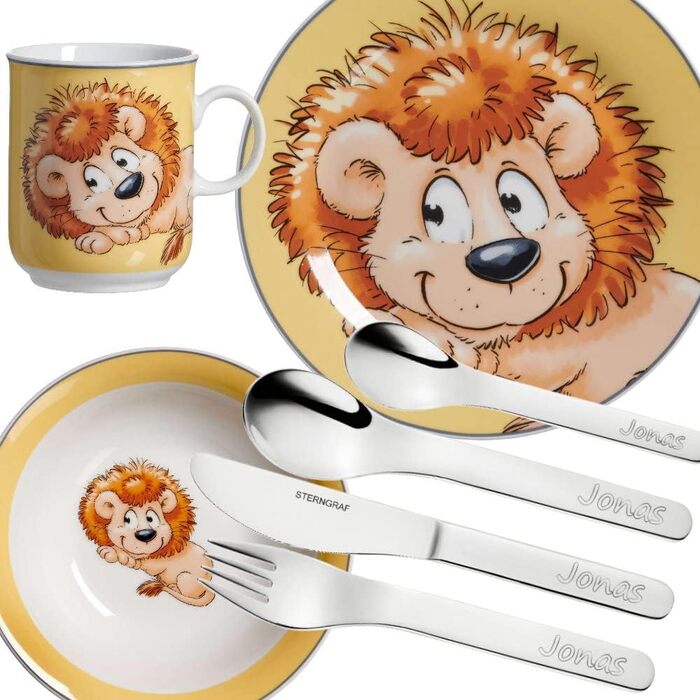 Дитячий набір посуду та столових приборів Kinderset Löwe 7 предметів з гравіюванням (наприклад, ім'я) персоналізований