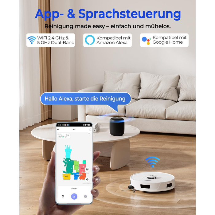 Робот-пилосос Redkey R11 з функцією миття, 20000Pa, док-станція 4L, захист від намотування волосся, LiDAR навігація, керування через додаток, для килимів та шерсті тварин