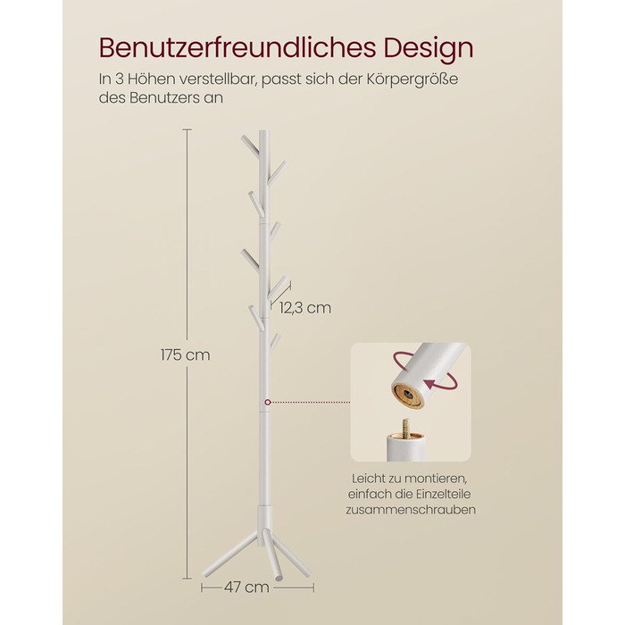 Стійка для одягу VASAGLE з масиву дерева, вішалка для одягу у вигляді дерева, 8 гачків, 3 регульовані висоти, для одягу, капелюхів, сумок, вітальня, спальня, офіс, RCR04GY (Cappuccinobeige)