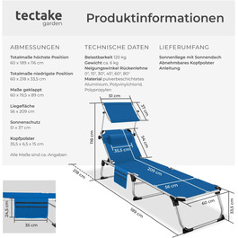 Шезлонг Tectake з дахом, шезлонг для балкона з алюмінію, складаний садовий шезлонг, стійкий до погодних умов, лежак для саду, кемпінгу та пляжу, регульована спинка, подушка для голови, бічна кишеня - сірий меланж (блакитний)