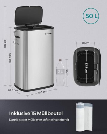 Відро для сміття SONGMICS з датчиком 50 л, з м'яким закриттям, з нержавіючої сталі, з кільцем для пакетів, 15 пакетів в комплекті, срібний (LTB610E50)
