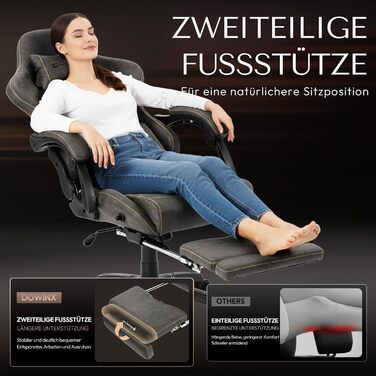 Ігрове крісло Dowinx з підніжкою, масажером попереку та офісним комфортом, до 200 кг, регулювання спинки 165°, сірий