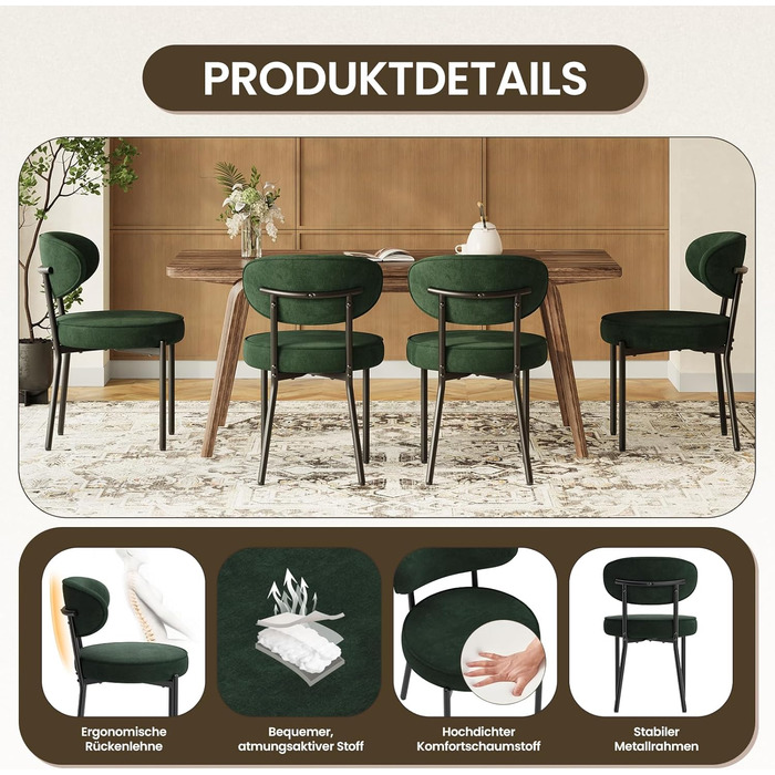 Обідні стільці COLAMY з м'яким сидінням 10 см – Сучасні крісла з плюшевої тканини Teddy, з міцним металевим каркасом – для кухні та вітальні, білий (зелений, набір 2 шт)