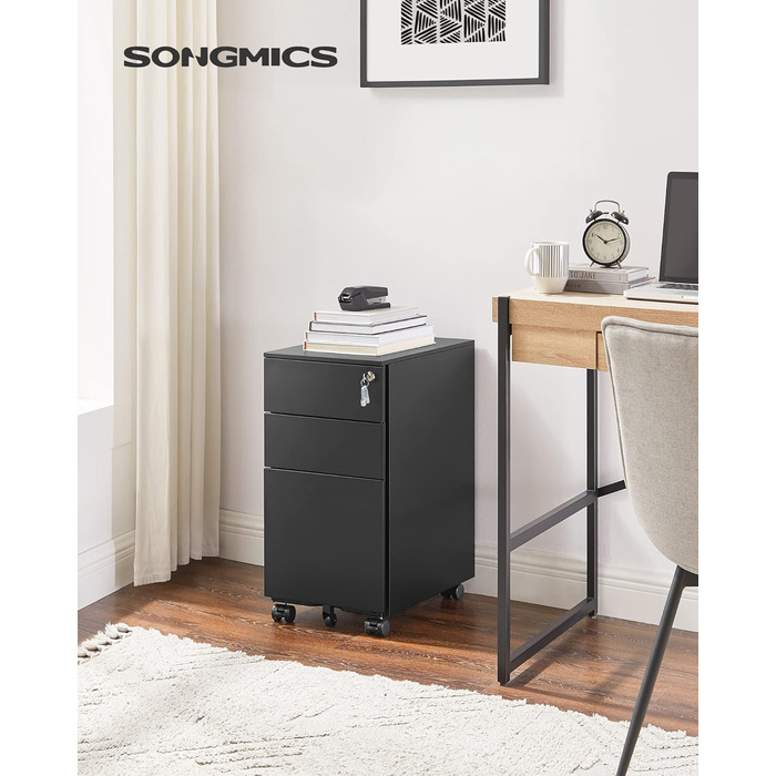 Роликовий контейнер SONGMICS з 3 висувними ящиками, білий, 45 x 30 x 60 см, з можливістю замка та полицями для документів