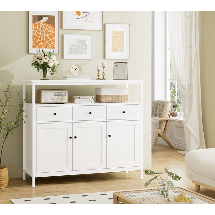 Білий комод-буфет FirFurd з 3 шухлядами та 3 дверцятами для кухні, вітальні, їдальні, 108x38x98,5 см, регульована полиця