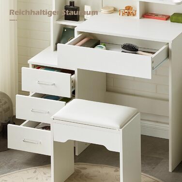 Тюльпанний туалетний столик TUKAILAI з LED-підсвічуванням та пуфом, дзеркало з 3 кольорами, компактний столик для макіяжу з шухлядою та відкритими полицями, 87x40x149 см