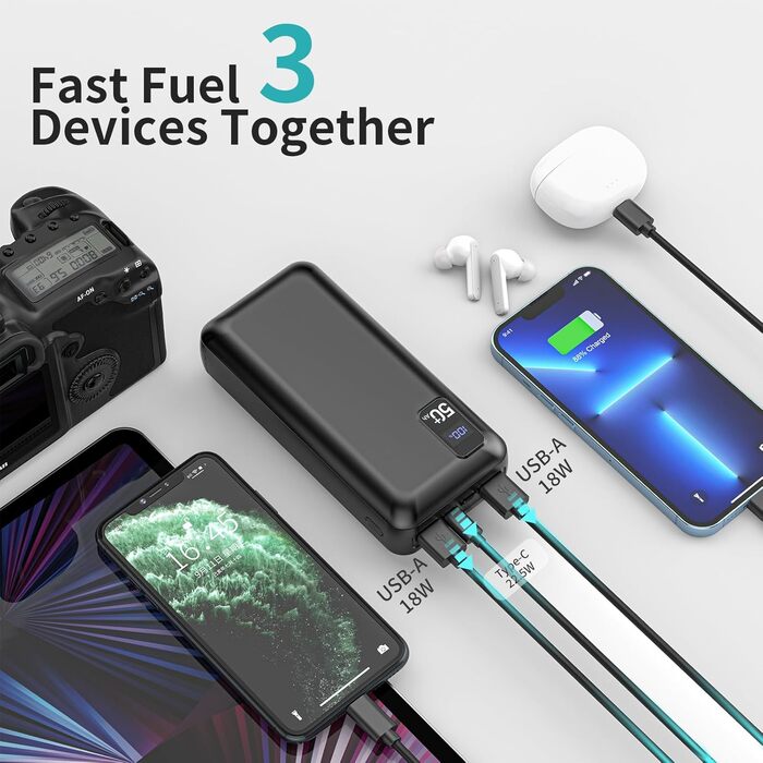 Power Bank 50000mAh з LED дисплеєм та 3 виходами/2 входами. Швидка зарядка 22.5W/PD20W. Портативний акумулятор для iPhone 16/15/14/13/12 Pro Max