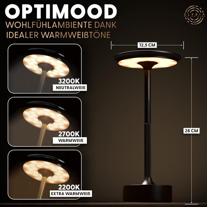 LED-лампа ELYSIA на акумуляторі, торшероподібна, диммування, бездротова, сенсорна панель, для внутрішнього та зовнішнього використання [IP54], тепле світло [2200K-2700K-3200K], USB-C, перезарядна, алюміній, чорна
