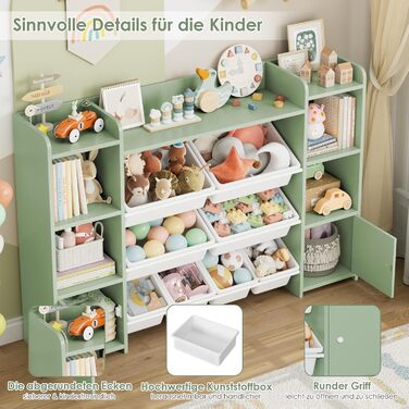 FOREHILL Регульована полиця для іграшок з 8 ящиками, дитячий шафка, книжкова полиця для дітей, меблі для дитячої кімнати з ящиком для іграшок, 138,8 x 94,3 x 29,6 см, білий (зелений)