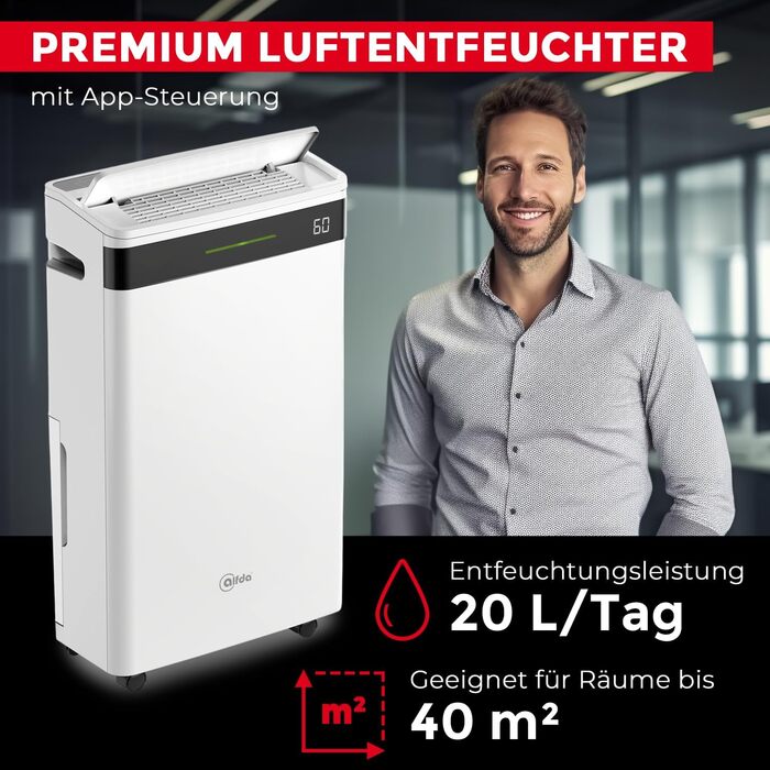 Електричний осушувач повітря AEF2000 - 20 л/день, до 30 м², тихий, з автовимкненням, гігростатом та сенсорним дисплеєм. Ідеально для спальні та ванної кімнати. З керуванням через додаток.