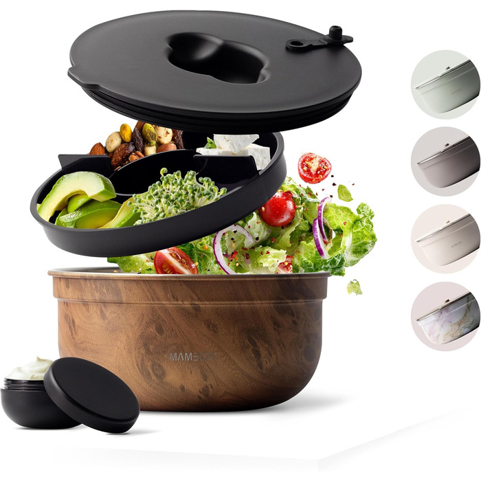 MAMEIDO SalatboxToGo 1,5 л: ланчбокс з нержавіючої сталі з відділеннями та контейнером для соусу, BPA-free, Meal Prep (1500 мл, дуб)