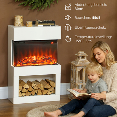 Електричний камін з двома рівнями нагріву, 6 кольорами полум'я, термостатом та дистанційним керуванням, білий