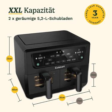 Фритюрниця Cuisinart XXL 10.4L з двома зонами нагріву | Без PFAS та хімікатів | Для смаження, грилю, випікання, дегідратації та підтримання тепла | 2 x 5.2L, 8+ порцій | Знімні деталі, придатні для миття в посудомийній машині (2 камери + скло)