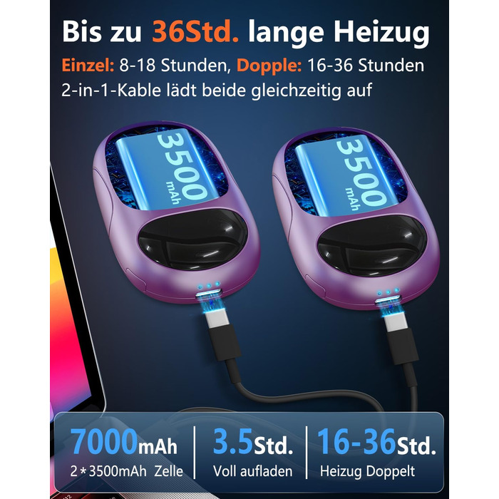 Електричні грілки для рук DDKJ - 2 шт. з LED-дисплеєм та 3 рівнями нагріву. Повторно заряджаються, для дітей, чоловіків та жінок.