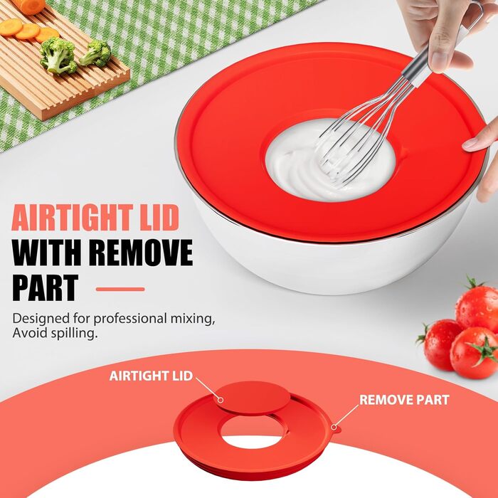 Набір мисок для змішування зі нержавіючої сталі (7 шт.) з кришками та 3 тертки - об'єм 4.5, 4, 3.5, 2.1, 1.5, 1.1, 0.7 QT. Набір кухонних помічників для приготування, випікання та подачі їжі. (Багатобарвний)