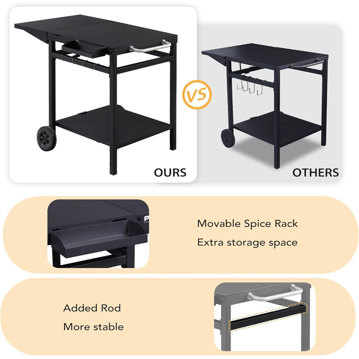 Гриль-візок PIZELLO з підготовчою станцією: візок для гриля, піца-стіл, сервірувальний візок з коліщатками, гачки, ручка, трансформована робоча поверхня, чорний