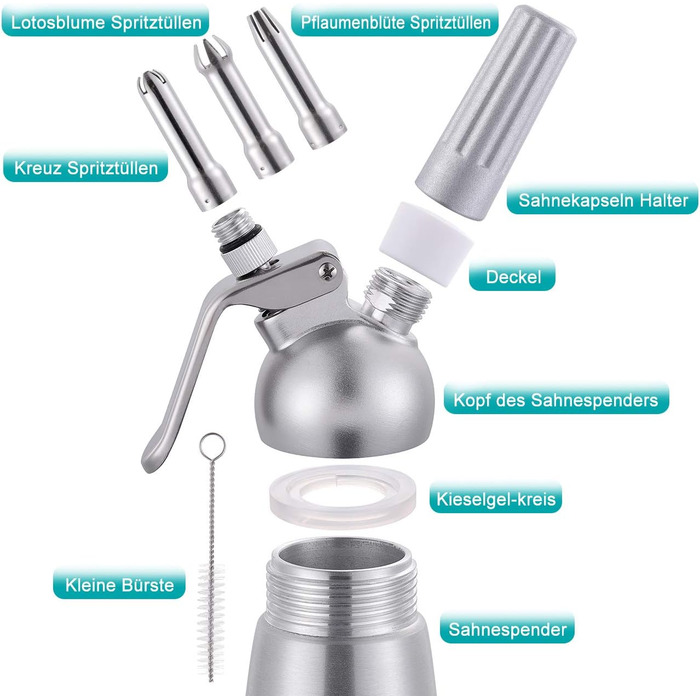 Професійний сифон для збивання вершків з 3 насадками, 500 мл (алюміній)