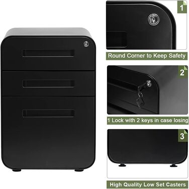 Роликовий контейнер DeHong з металу, мобільний офісний шафчик з 3 висувними ящиками, офісний контейнер, з можливістю замка та регульованих папок, збірно-розбірний, для офісу, дому, чорний
