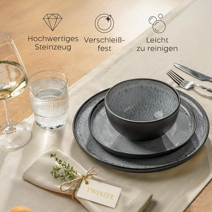 Набір посуду Twinzee Steingut (24 частини) для 6 осіб: тарілки та миски - серія Riviera Perla, з каменю, підходить для мікрохвильової печі