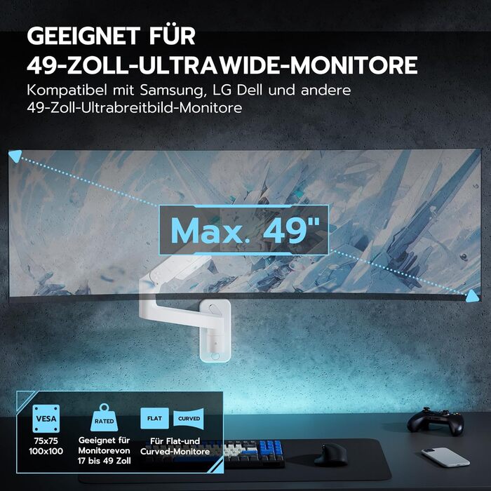 Кріплення для монітора ARES WING на стіну для LED/LCD моніторів 17-49 дюймів, до 20 кг, регульована висота, VESA 75/100, білий