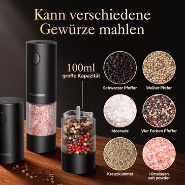 Електричні мельниці для солі та перцю 2 шт. з USB-C зарядкою, 100 мл, 6 ступенів помелу, для зручного використання однією рукою, з LED-підсвічуванням, керамічний жорно, для спецій