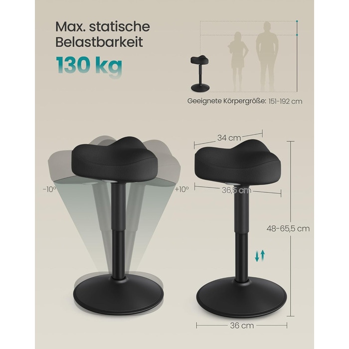 SONGMICS Стілець-табурет для стоячи, регульований по висоті, 48-65.5 см, чорний, OSC018BH01. Активний стул для офісу та дому.