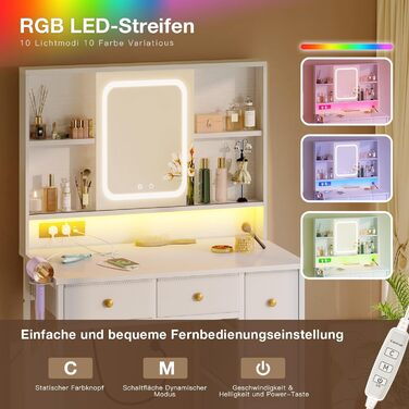Дзеркальний туалетний столик ODK з регульованим LED-дзеркалом, USB-роз'ємами та RGB-підсвіткою, 5 висувними ящиками та 3 полицями, білий, 90×40×139 см