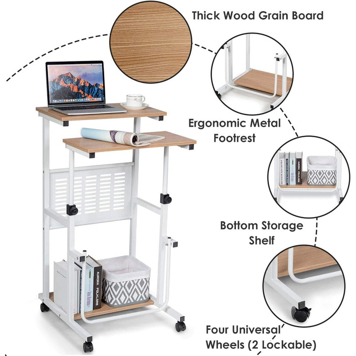 Стіл для сидіння 2-в-1 з регулюванням висоти, стіл для складання комп'ютерного столу з коліщатками, стоячий стіл 2 окремі робочі місця, стіл для ПК Робочий стіл з підставкою для ніг, нахилений стіл для ноутбука