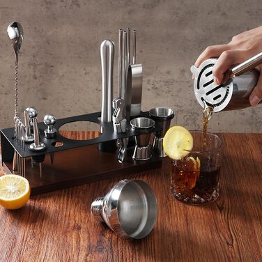 Набір бармена на 23 деталі з підставкою | Комплект шейкерів для коктейлів з інструментами: шейкер Мартіні, сито, ложка, мадлер, для дому, бару, вечірки (шоколадний)
