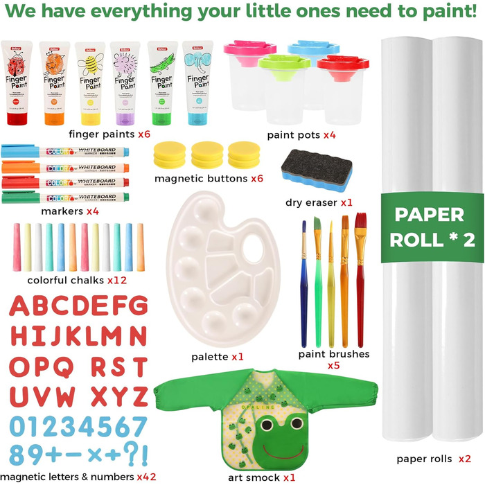 Дитяча мольберт All-in-One з 2 рулонами паперу, аксесуарами, регульована магнітна двостороння дошка для малювання з крейдою та магнітами, дошка для дітей 2-8 років, зелений
