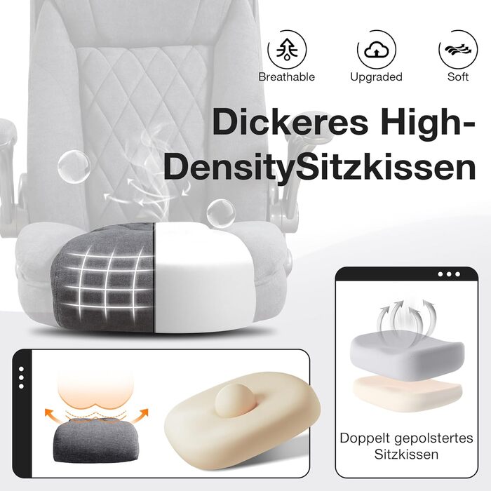 Ергономічне крісло для офісу 180 кг, комп'ютерне крісло з високою спинкою та широкою сидінням, регульовані підлокітники, для офісу, дому, геймінгу, сірий (без масажу)