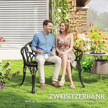 Садова лавка Gartenbank на 2 особи з литого алюмінію, стійка до погодних умов, з декоративною спинкою у вигляді тюльпанів та квітковим орнаментом, розміром 99 x 57 x 78 см