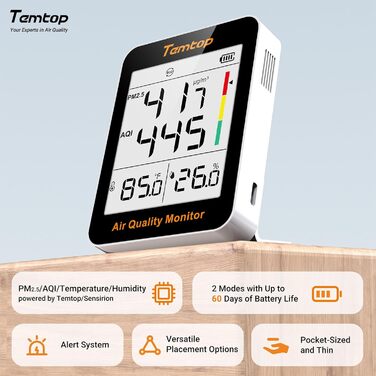 Вимірювач якості повітря Temtop S1+: PM2.5, AQI, температура та вологість. До 100 днів роботи, підключення до APP, для дому та офісу