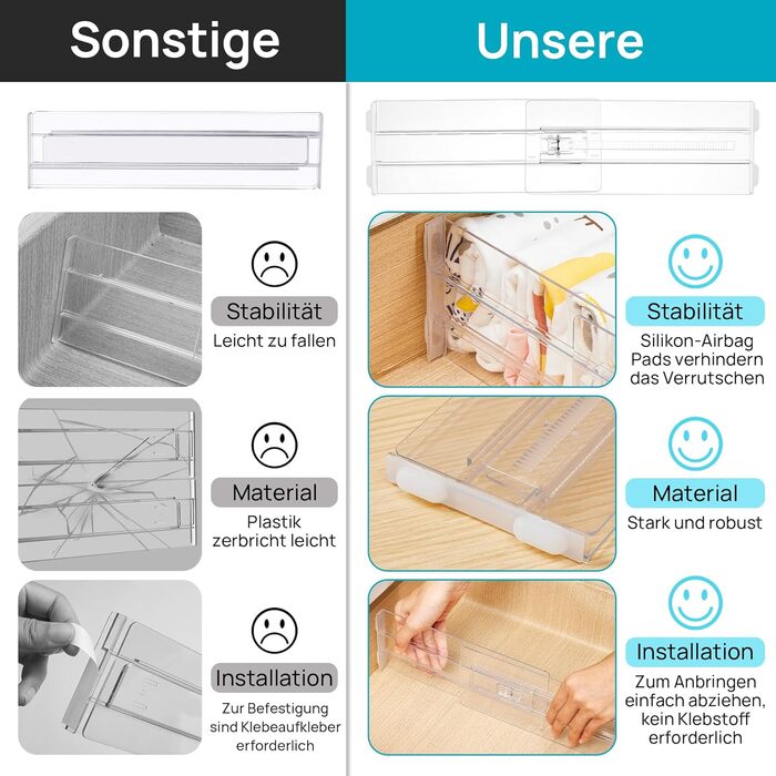 Організатори для шухляд Vtopmart (8 шт.) - регульовані, прозорі, 25.6-41.6 см